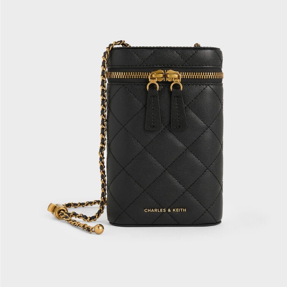 Charles & Keith Black Quilted Crossbody with Gold Accents